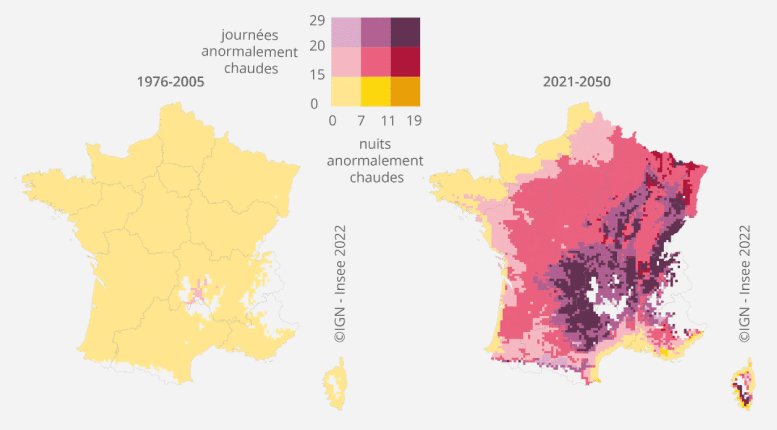 Fréquence des journées et nuits anormalement chaudes pour les périodes 1976-2005 et 2021-2050