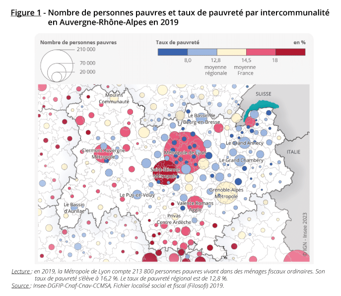 Nombre de personnes pauvres et taux de pauvreté par intercommunalité en Auvergne-Rhône-Alpes en 2019