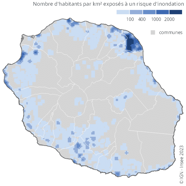 Figure 3 - La Réunion : nombre d’habitants par km2 exposés à un risque d’inondation