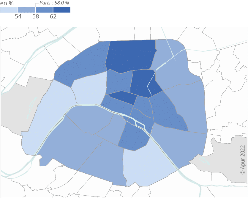 Figure 7 - Paris : proportion de logements du parc privé dont le diagnostic de performance énergétique (DPE) est classé E, F ou G en 2018, par arrondissement
