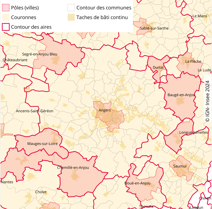 Figure 3 – Angers, ville centre du pôle de l’aire d’attraction des villes d’Angers, dont la couronne comprend 231 000 habitants